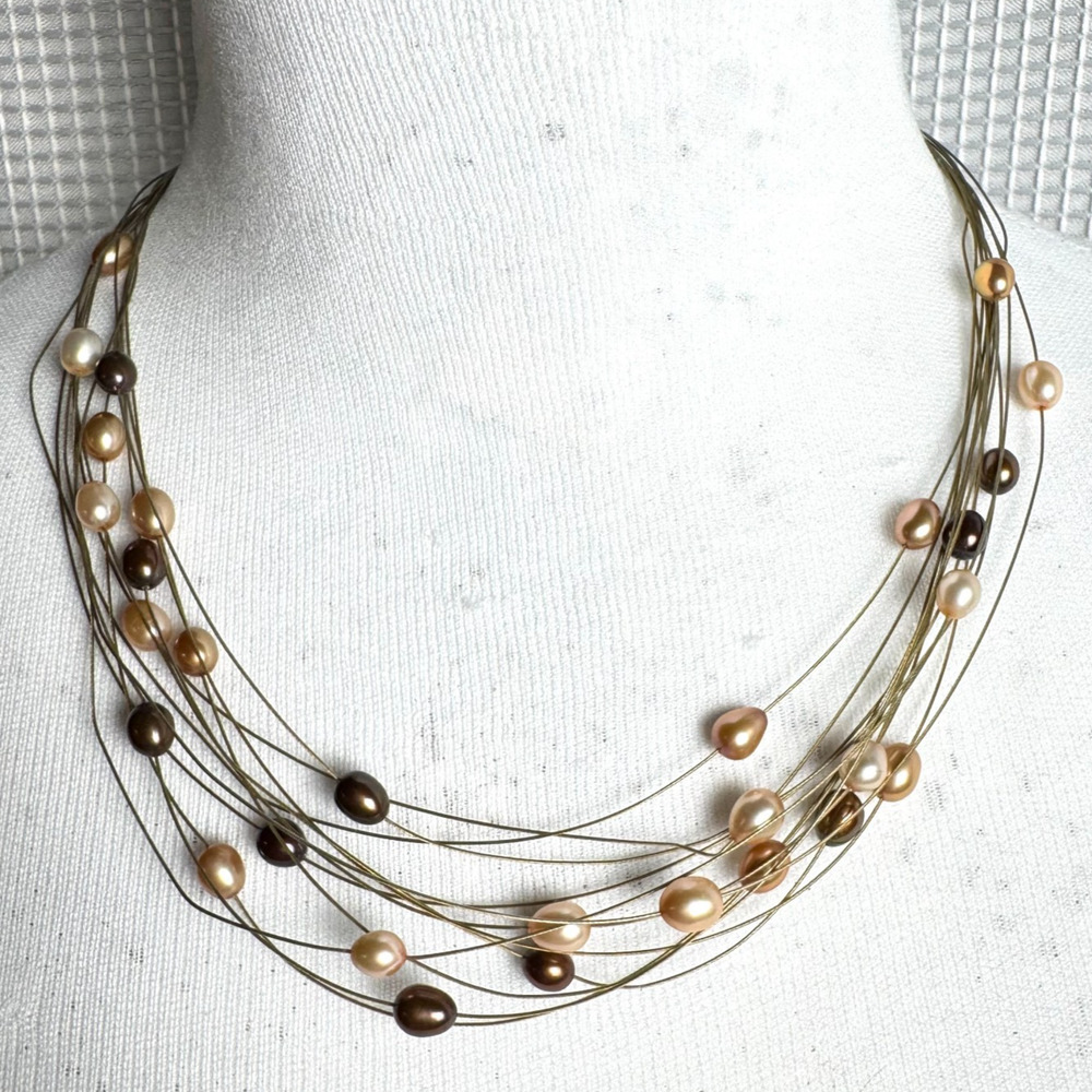 Honora Floating Freshwater Pearl Necklace 12 Strand Multicolor 18โ Illusion Wire